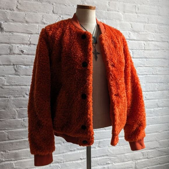 Uniqlo Faux Fur Orange Coat Fuzzy Bomber Indie Retro Statement Preppy Jacket - Picture 3 of 10
